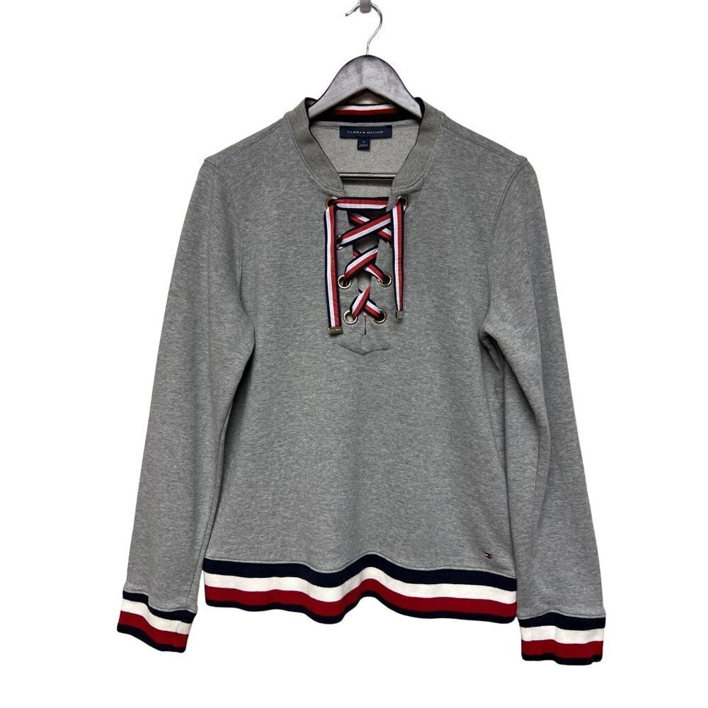 Tommy Hilfiger Grey Long Sleeve Hockey Lace Up Sweatshirt Women's Size Medium